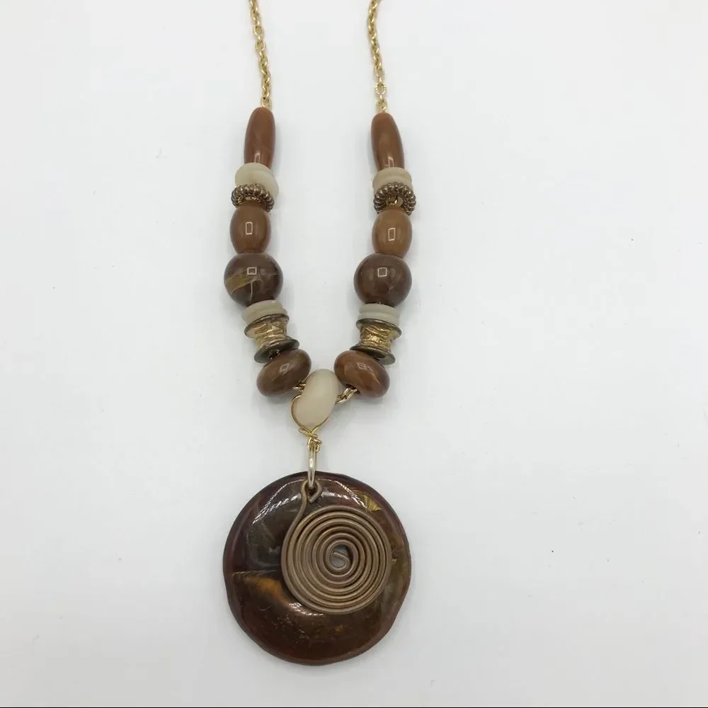 Long Necklace Gold Tone Brown Round Metal Swirl Pendant Beaded Bohemian